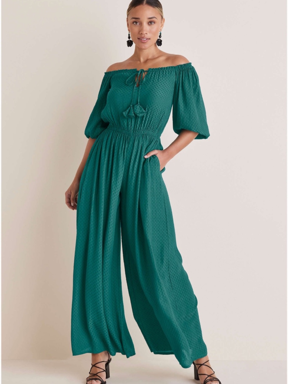 VENUS Teal Green Off-Shoulder Wide-Leg Jumpsuit